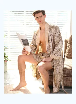 Printed Long Sleeves Robe And Shorts Set Beige/Brown 