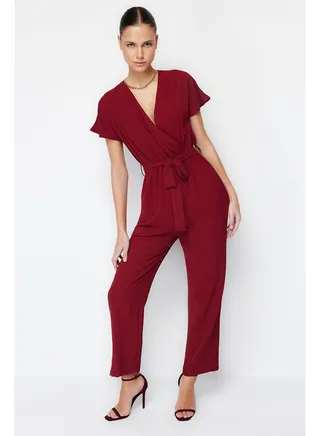 Claret Red Lacing Detailed Double Breasted Collar Maxi Woven Jumpsuit TWOSS21TU0112 