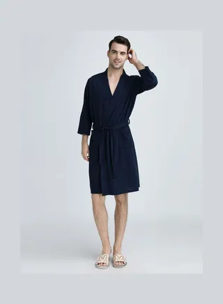 Solid Pattern Water Absorption Bath Robe Dark Blue 