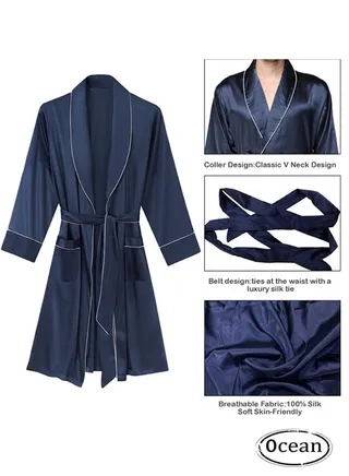Men's Satin Robe Super Lightweight Kimono (Dark Blue), V-Neck Print Design,Fashionable And High-End, with Simple Pockets, Practical And Beautiful, Suitable for Wearing At Home And Business Trip ﻿ 