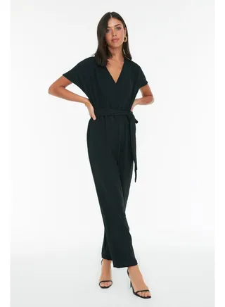 Black Lacing Detailed Double Breasted Collar Maxi Woven Jumpsuit TWOSS21TU0112 