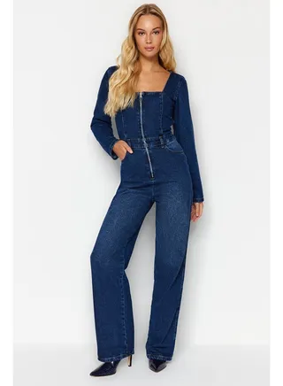 Dark Blue Square Neck Zippered Denim Jumpsuit TWOAW24TU00018 