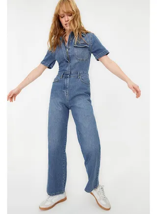 Blue Short Sleeve Denim Jumpsuit TWOSS24TU00002 