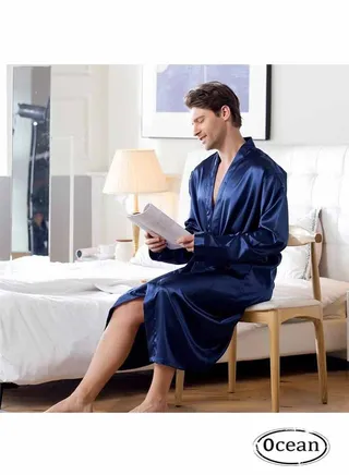 Men's Satin Robe Super Lightweight Kimono (Dark Blue), V-Neck Print Design,Fashionable And High-End, with Simple Pockets, Practical And Beautiful, Suitable for Wearing At Home And Business Trip 