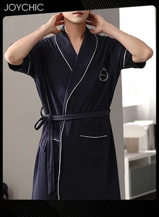 Japanese Style Men's Pure Cotton Pajamas Simple Leisure Male Short-sleeved All-in-one Loose Breathable Sleep Robe with Adjustbale Belt for Spring and Summer Autumn Dark Blue 