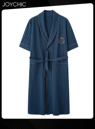 Solid Color Men's Pure Cotton Lapel Pajamas Youth Short-sleeved All-in-one Loose Breathable Sleep Robe with Adjustbale Belt for Spring and Summer Autumn Dark Blue 