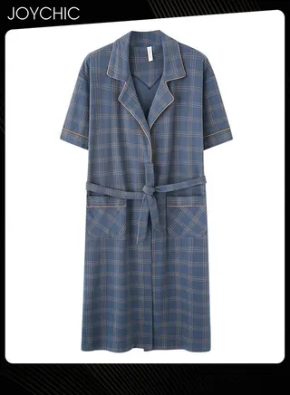 Classic Lattice Pattern Men's Pure Cotton Pajamas Youth Short-sleeved All-in-one Loose Breathable Sleep Robe with Adjustbale Belt for Spring and Summer Autumn Blue 