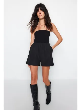 Black Pocketed Strapless Woven Jumpsuit TWOSS23TU00196 