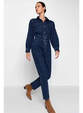 Navy Blue Denim Overalls with Balloon Sleeves TWOAW22TU0041 