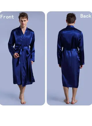 Solid Belted Night Robe Dark Blue 