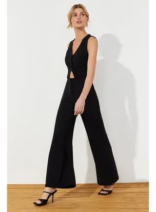 Black Wide Leg Woven Jumpsuit TWOSS24TU00005 
