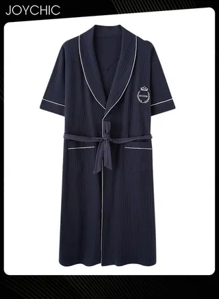 Japanese Style Men's Pure Cotton Pajamas Simple Leisure Male Short-sleeved All-in-one Loose Breathable Sleep Robe with Adjustbale Belt for Spring and Summer Autumn Dark Blue 