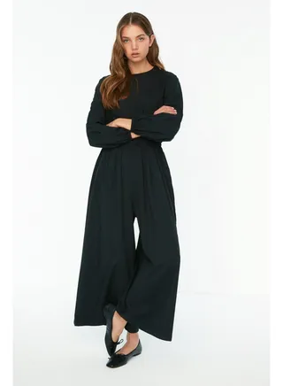 Black Elastic Waist Wide Leg Woven Jumpsuit TCTSS22TL0003 