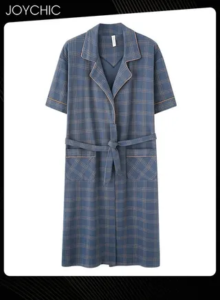 Classic Lattice Pattern Men's Pure Cotton Pajamas Youth Short-sleeved All-in-one Loose Breathable Sleep Robe with Adjustbale Belt for Spring and Summer Autumn Blue 