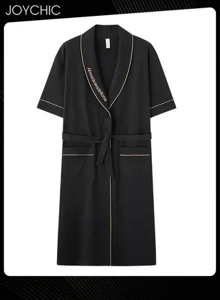 Japanese Style Men's Pure Cotton Pajamas Simple Leisure Male Short-sleeved All-in-one Loose Breathable Sleep Robe with Adjustbale Belt for Spring and Summer Autumn Black 