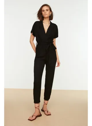 Black Lacing Detailed Double Breasted Collar Woven Jumpsuit TWOSS19LJ0158 