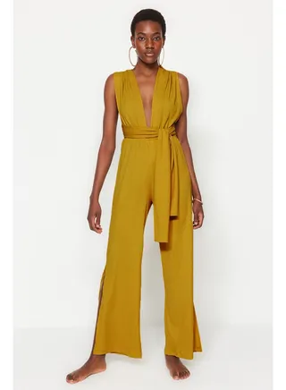 Green Woven Backless Jumpsuit TBESS23TU00010 
