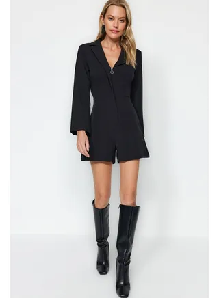 Black Jacket Collar Zipper Detailed Mini Woven Jumpsuit TWOAW24TU00034 