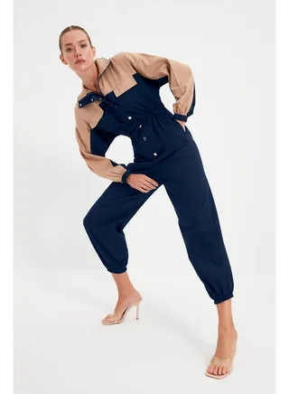 Navy Blue Tie Detailed Woven Jumpsuit TWOAW21TU0011 