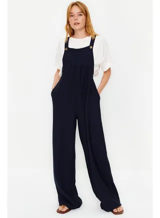 Navy Blue Wide Leg Maxi Gilet Woven Linen Blended Jumpsuit TWOSS21TU0090 
