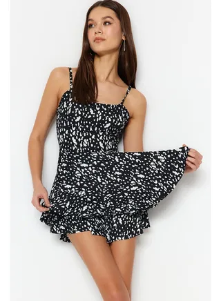 Black Strapless Knitted Mini Jumpsuit with Flounces and Shorts TWOSS23TU00044 