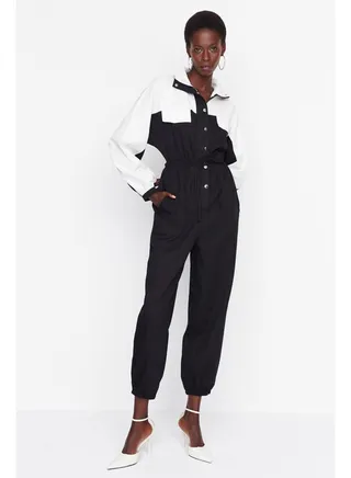 Black Color Blocked Gathered Waist Long Woven Jumpsuit TWOAW21TU0011 