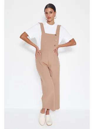 Mink Button Detailed Long Square Collar Woven Jumpsuit TWOSS19LJ0356 
