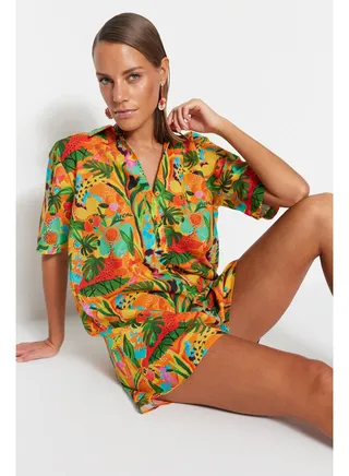 Tropical Patterned Woven 100% Cotton Jumpsuit TBESS22TU0131 