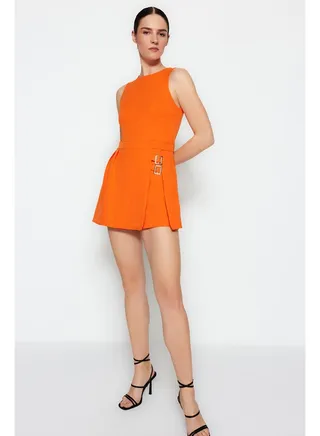 Orange Mini Short Skirt with Belt Detail Woven Jumpsuit TWOSS23TU00085 