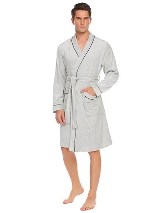 Soft Robe Long Sleeve Patchwork Lace Up Wrap Belted Bathrobe Grey 