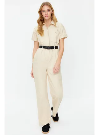 Light Beige Shirt Collar Pocket Detailed Belted Woven Overalls TWOSS24TU00004 