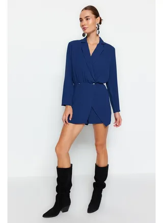 Navy Blue Double Breasted Short Skirt Woven Jumpsuit TWOAW24TU00020 