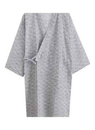 Men Fashion Printing Kimono Robe Sleepwear Nightgown Loose Mid Length Bathrobe Gray 