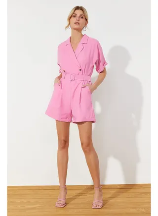 Pink Belted Ribbed Collar Mini Woven Jumpsuit TWOSS19WX0112 