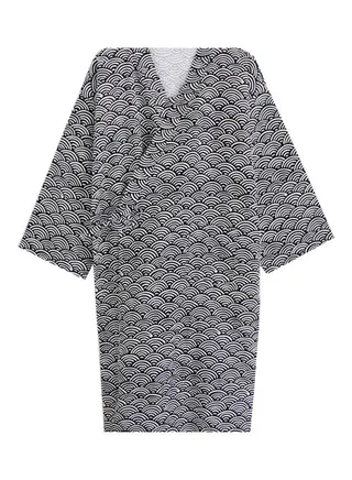Men Fashion Printing Kimono Robe Sleepwear Nightgown Loose Mid Length Bathrobe Black 