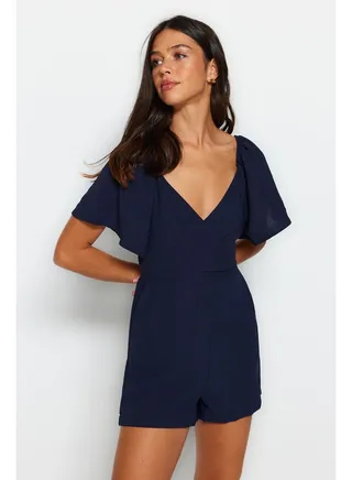Navy Blue Mini Weave Jumpsuit With Window Detail TWOSS23TU00094 