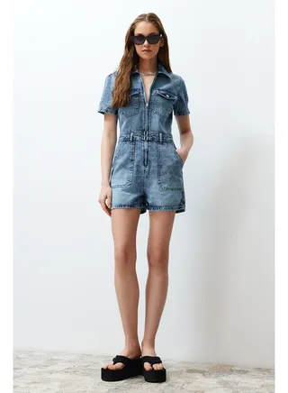 Blue Belted Stitching Detailed Denim Jumpsuit TWOSS24TU00027 