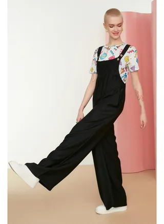 Black Wide Leg Maxi Gilet Woven Linen Blended Jumpsuit TWOSS21TU0090 
