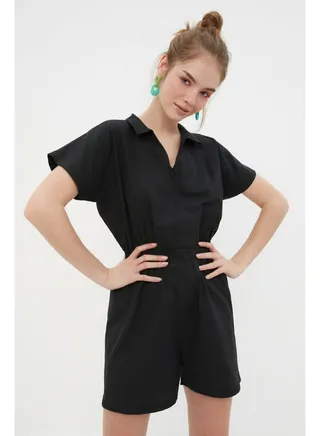 Black Elastic Waist Mini Woven Jumpsuit TWOSS22TU0014 