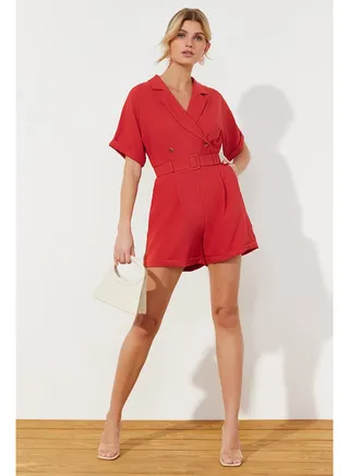 Brick Belt Frog-breasted Collar Mini Woven Jumpsuit TWOSS19WX0112 