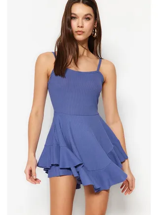 Indigo Printed Mini Knitted Jumpsuit with Straps, Flounce and Shorts TWOSS23TU00044 