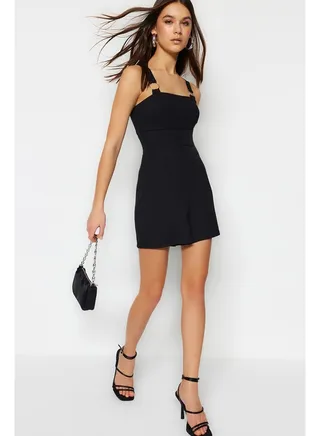 Black Mini Strap Detailed Woven Jumpsuit TWOSS23TU00103 