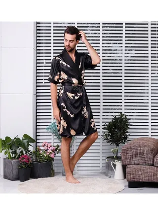 Printed Silk Robe Black 