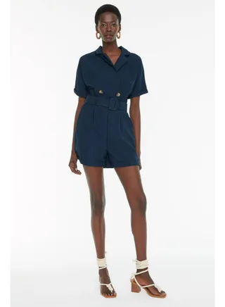 Navy Blue Belted Frog Collar Mini Woven Jumpsuit TWOSS19WX0112 