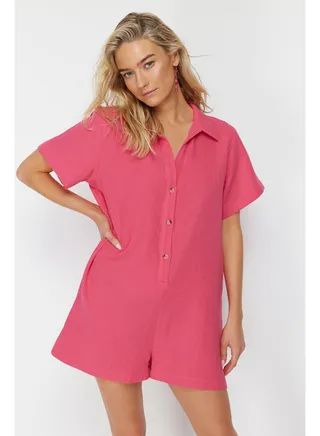 Fuchsia Wide Fit Woven Muslin 100% Cotton Jumpsuit TBESS23TU00001 