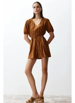 Tile Waist Elastic V Neck Linen Look Jumpsuit TWOSS24TU00026 