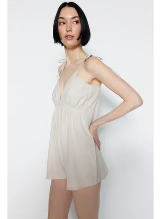 Beige Cotton V-Neck Chest Elastic Detailed Woven Jumpsuit THMSS23TU00012 