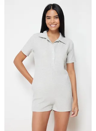 Gray Waffle Button Detailed Shirt Collar Knitted Overalls THMSS24TU00003 