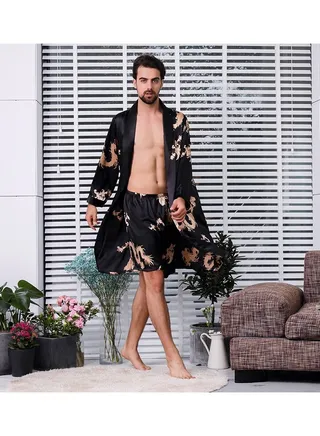 Printed Silk Robe Black 