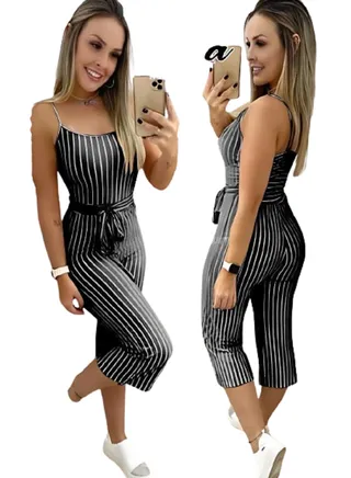 women's striped sleeveless jumpsuit and belted wide leg pants 